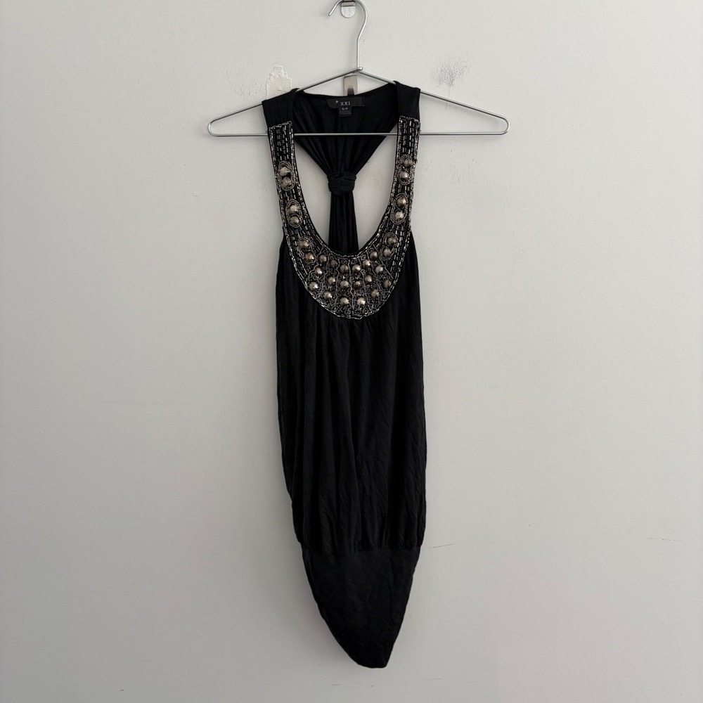 XXI Forever 21 Black Beaded T-Back Halter Top Small